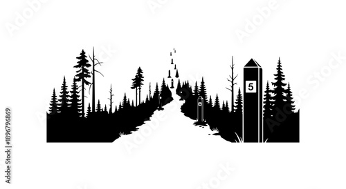 Black and White Mountain Trail Silhouette with Ski Lift and Number 5 Sign