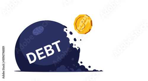 Debt Elimination Concept. Golden Dollar Coin Paying Off Massive Financial Burden. Debt Relief and Bankruptcy Illustration.