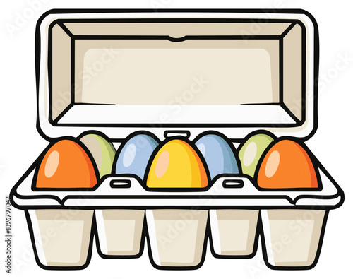 Colorful cartoon eggs in a carton, fresh farm food concept, healthy eating