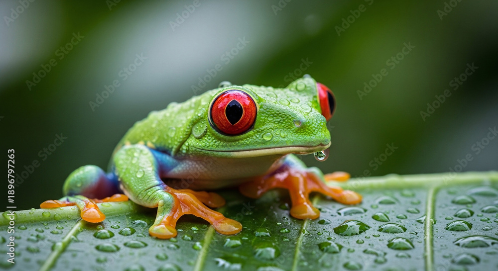 Naklejka premium Vibrant Red-eyed Tree Frog Perched on a Lush Green Leaf Covered in Sparkling Rain Water Droplets