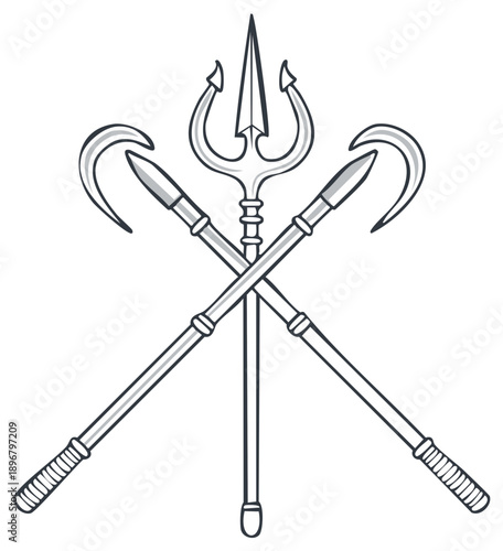 Ancient Weaponry Symbol Three Pronged Spear and Crossed Sickles Emblem