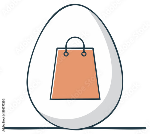 Conceptual illustration of an egg with a shopping bag icon for retail, e commerce, and fresh purchases