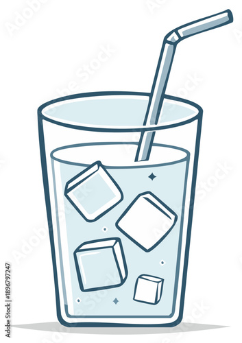 Refreshing Clear Drink with Ice Cubes and a Straw in a Tall Glass Illustration