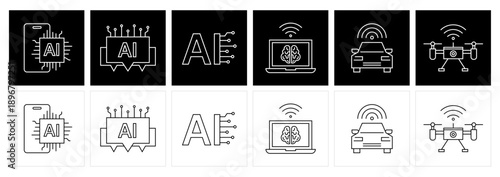 AI Smart System Line Icons – Autonomous Car, Drone Technology, Laptop and Mobile Intelligence