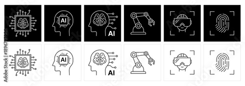 Artificial Intelligence Concept Line Icons – AI Brain, Human Intelligence, Robotics, VR, Biometric Security