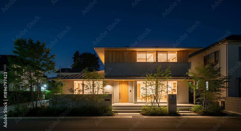 Fototapeta premium Japanese House Exterior at Night