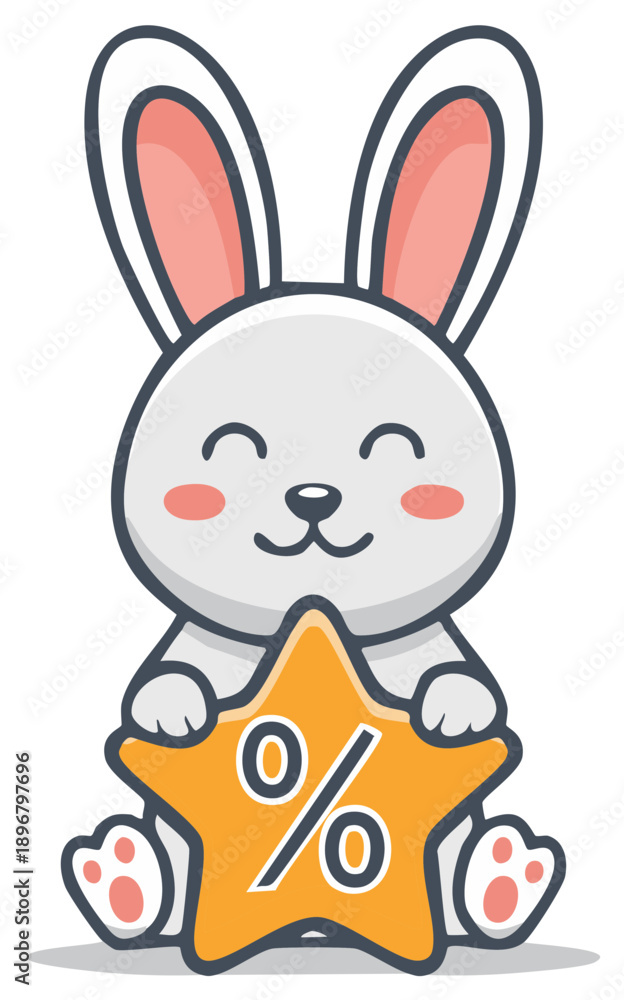 Obraz premium Cute bunny with star-shaped discount symbol, smiling and happy.