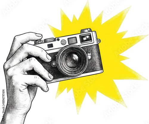 Hand holding a vintage camera with a bright yellow explosion graphic element behind it detailed illustration photography retro film capture image lens manual classic analog