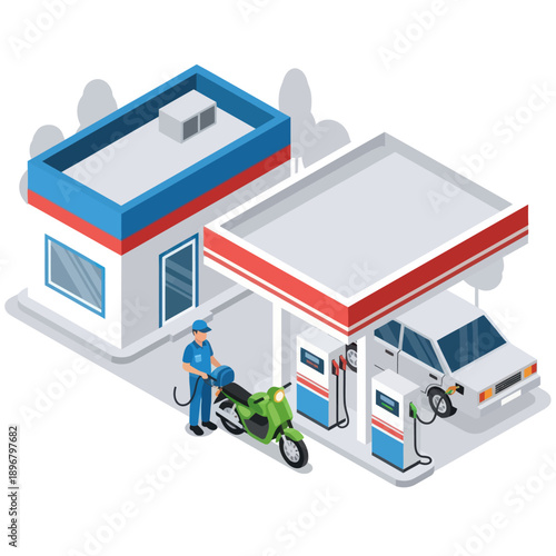 Gas Station with Motorcycle and Pump.