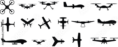 Silhouettes of diverse drones and UAVs including quadcopters, and hybrid aerial vehicles, showcasing modern aviation technology, surveillance, delivery, and recreational use in vector illustration