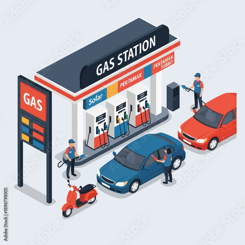 Isometric Gas Station with Vehicles and Attendants.