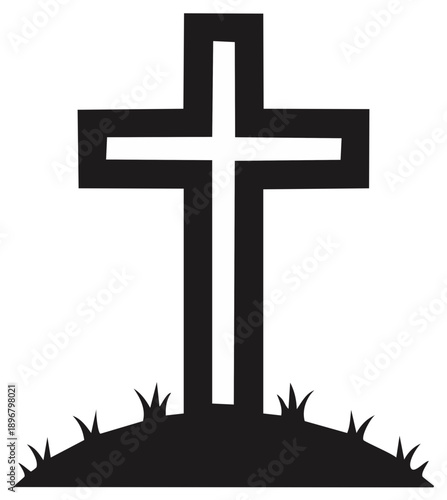 Simple Black Religious Cross Standing on Grassy Mound Symbol