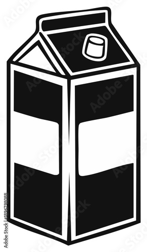 Simple black and white illustration of a carton of milk or juice with a cap.
