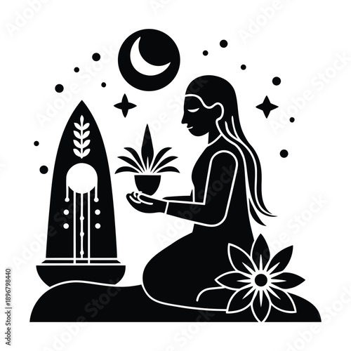 Shiva Lingam Worship Silhouette Vector 