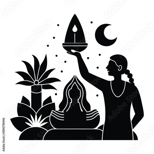 Shiva Lingam Worship Silhouette Vector 
