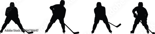 Silhouettes of ice hockey players holding sticks in dynamic stances, showcasing movement, readiness, and competitive energy for sports illustration, teamwork concept, and athletic design inspiration