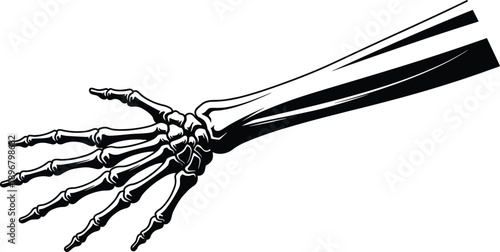 Detailed vector illustration of human forearm and hand skeleton with shading, black and white anatomical drawing for medical education use.