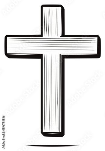 Stylized Christian cross icon with etched lines and strong outline representing faith and spirituality