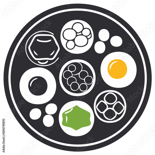 Circular plate of stylized cuisine including eggs, jellies, and other ingredients on a dark background.