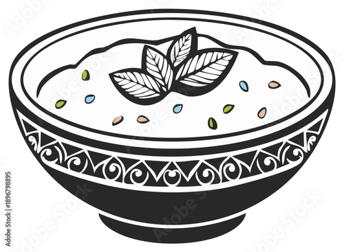 Illustration of a bowl of hummus garnished with mint leaves and colorful sprinkles