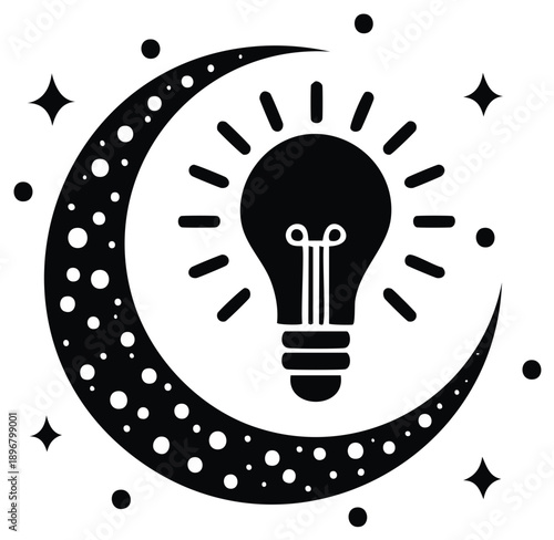 Crescent moon with a glowing light bulb and stars a symbol of creative ideas and nighttime inspiration