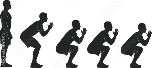 Silhouette progression set of a fit man performing bodyweight squats exercise from standing to deep squat position for fitness training