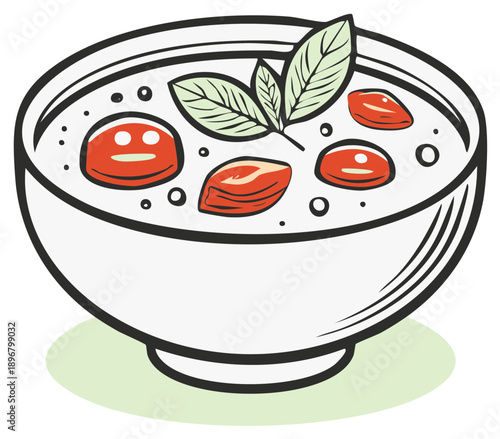 Delicious tomato basil soup in a bowl. Healthy food and vegetarian meal for lunch or dinner. Appetizing dish of Italian cuisine
