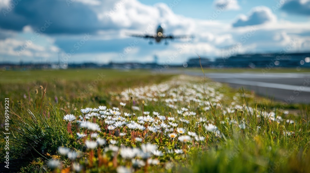 Fototapeta premium Airplane Taking Off Over Field Of White Daisies With Blurred Runway And Cloudy Sky