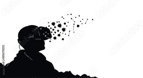 Silhouette of person experiencing virtual reality, with abstract digital elements emanating from headset.