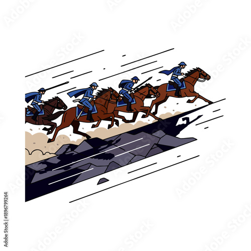 Illustration of four blue-clad cavalrymen riding brown horses at full gallop over a rocky terrain with motion lines conveying speed.