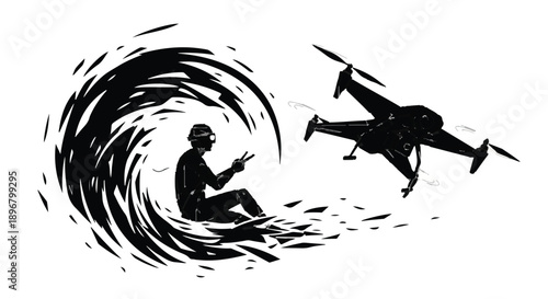 Person controlling drone with gestures from abstract swirling vortex