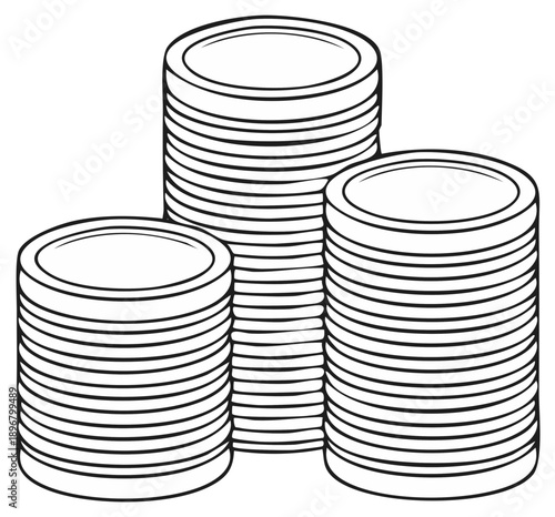 Three stacks of coins in varying heights illustrating financial growth and wealth accumulation