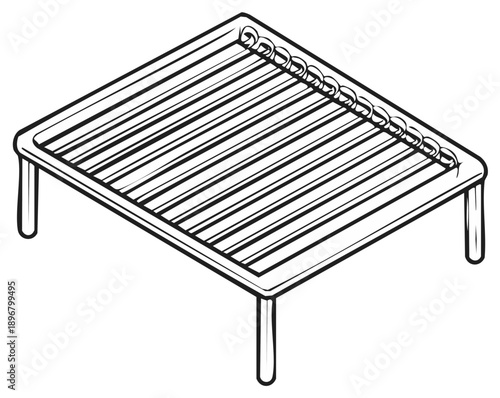 Illustration of an empty metal barbecue grill with legs, viewed from an isometric perspective
