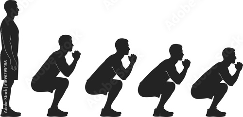 Silhouette set of a man performing bodyweight squats exercise progression from standing to deep squat position for fitness and workout.