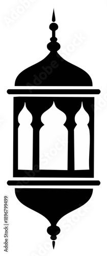 Black silhouette of an ornate Islamic lantern with decorative domes and pointed finial