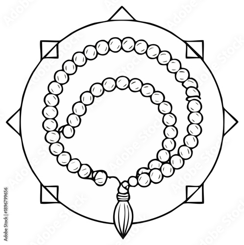 Outline illustration showing a prayer bead mala over a geometric mandala symbol