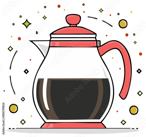 Doodle of Glass Coffee Pot Full of Fresh Coffee with Red Accents and Glittering Stars