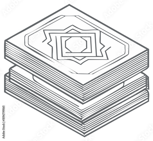 Stack of ancient tomes with geometric cover design, vector line art icon