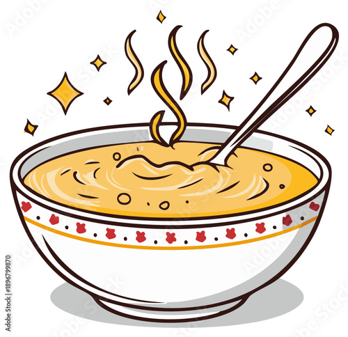 Hot delicious creamy soup in a decorative bowl with steam and sparkles cartoon vector illustration