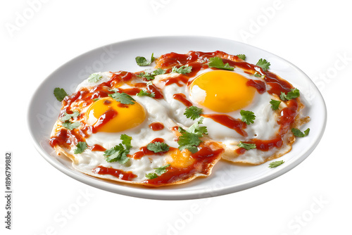 Huevos rancheros with salsa roja and cilantro, isolated on transparent background