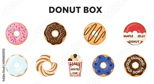 An illustration of eight different donuts and a cup of donut holes titled DONUT BOX