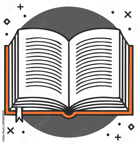 Open book with lined pages and orange cover illustration with abstract shapes