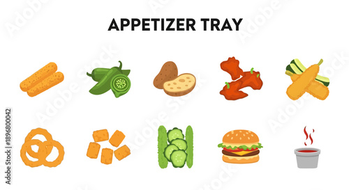 Appetizer tray icons showing fried sticks peppers potatoes wings zucchini rings tots pickles burger and dip