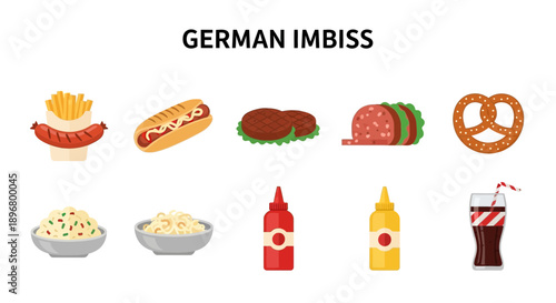 Collection of ten German Imbiss food and drink items arranged in two rows