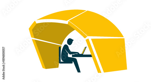 Focused Concentration: Person working on laptop inside a modern yellow privacy pod. Acoustic work booth vector icon.