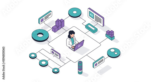 Isometric AI and Machine Learning Workflow Diagram. Data Scientist Analyzing Algorithms, Big Data Network, and Computational Flow.