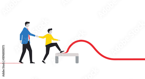 Mentorship and Teamwork: Business support helping colleague overcome obstacle path. Career development, leadership, challenge solution vector illustration.