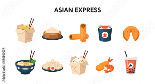 Collection of ten icons representing various Asian takeout food and drink items