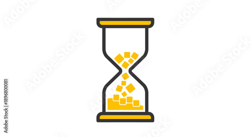 Digital Time Management Icon: Hourglass with Falling Yellow Cubes. Deadline, Investment, and Resource Allocation Concept Vector Illustration.