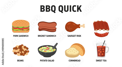 Eight BBQ food and drink items displayed in two rows against a white background
